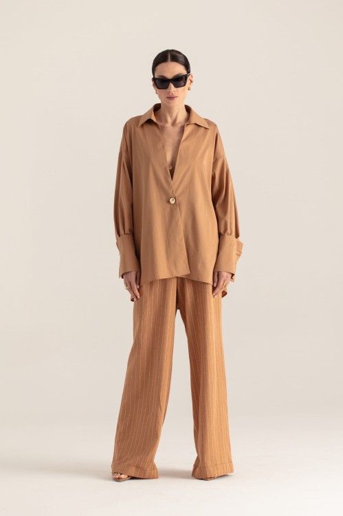 Spodnie Emie lniane camel – widok z przodu – naturalny len – ANA atelier