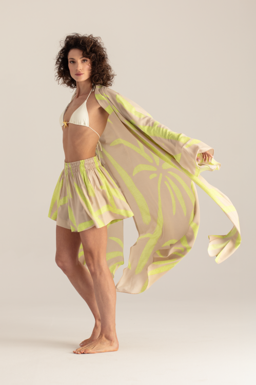 Szorty Nadine beżowo-limonkowe – widok z tyłu – casual fason – ANA atelier
